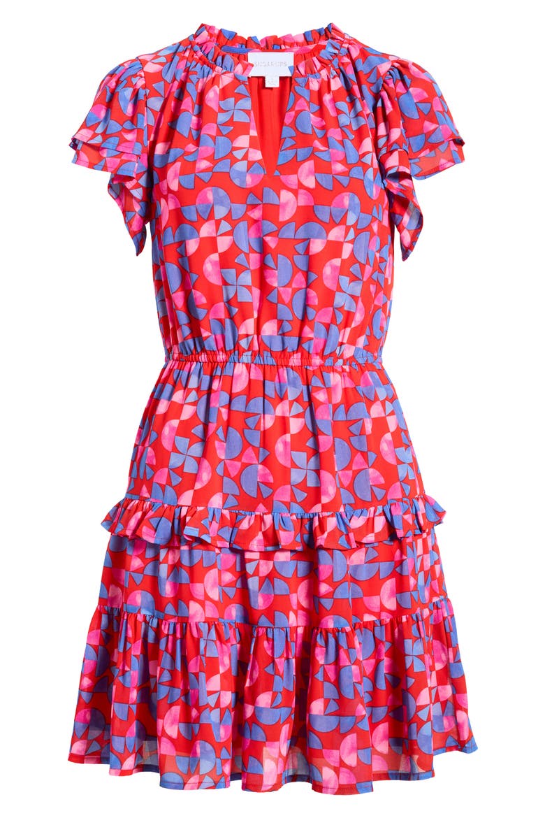 Averly Print Ruffle Trim Tiered Babydoll Minidress, Alternate, color, RED-PINK-MULTI