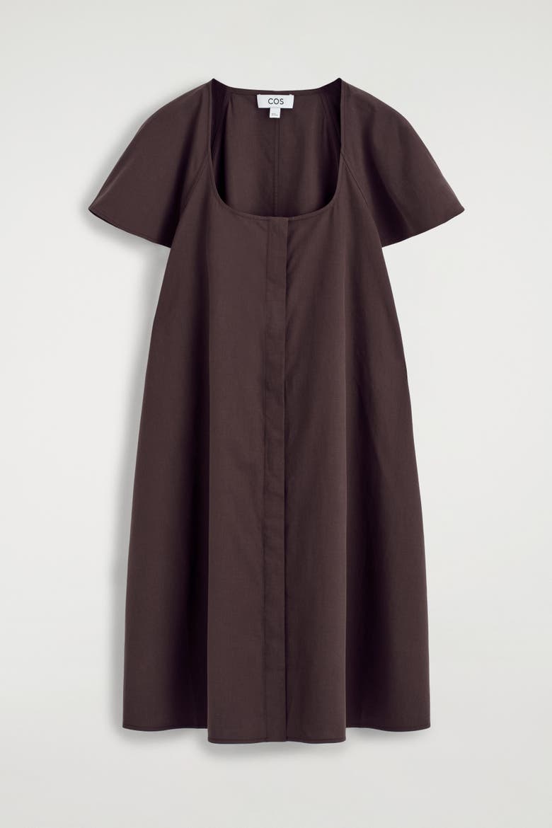 Fluted-sleeve Cotton Mini Dress, Alternate, color, DARK BROWN