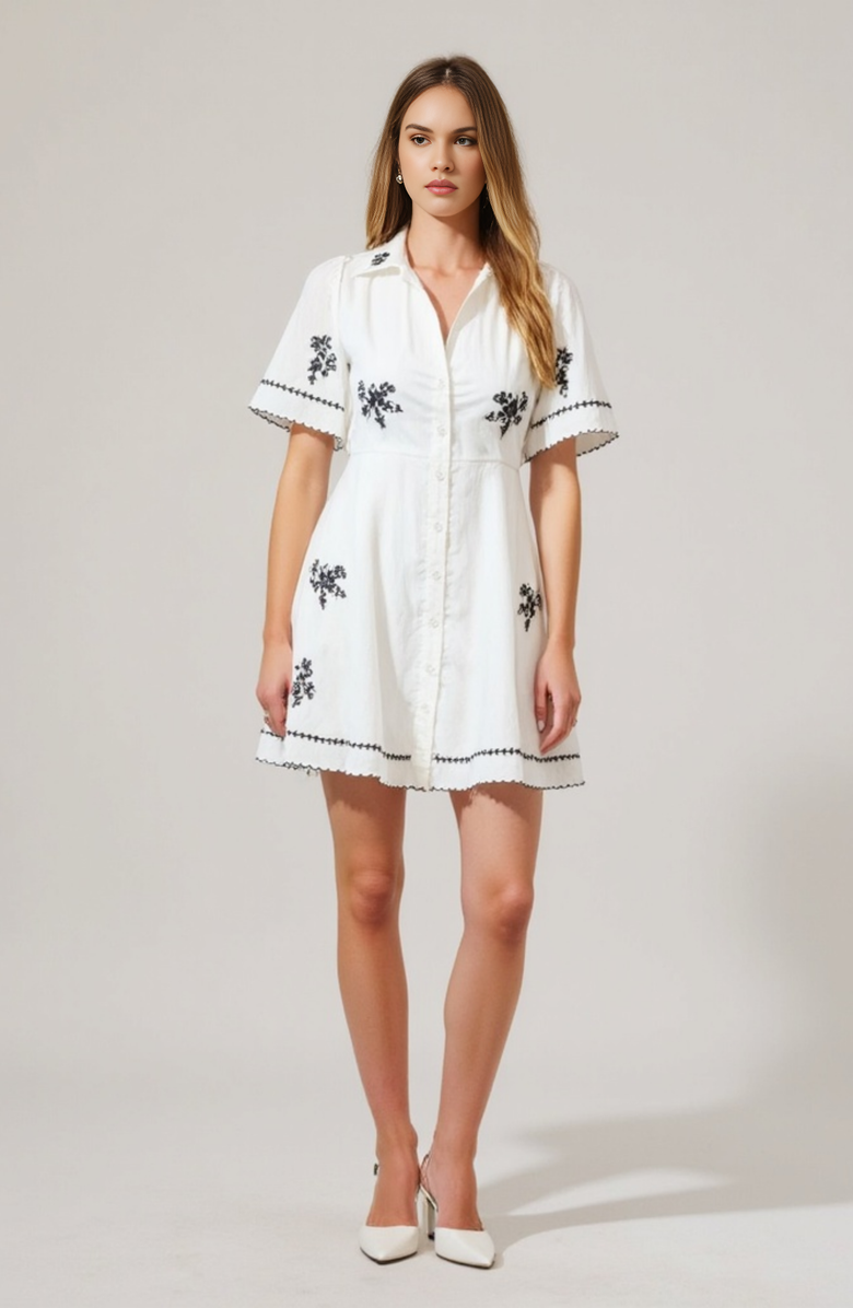 Modenaire Short-Sleeve Button-Front Embroidered Shirt Dress, Alternate, color, White / Black