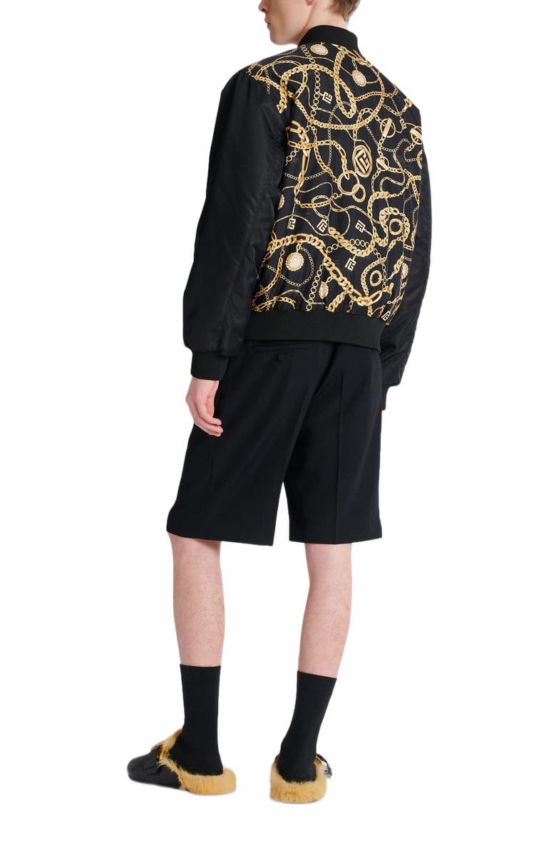Balmain Reversible Printed Bomber Jacket With Chaînes Pattern, Alternate, color, Black