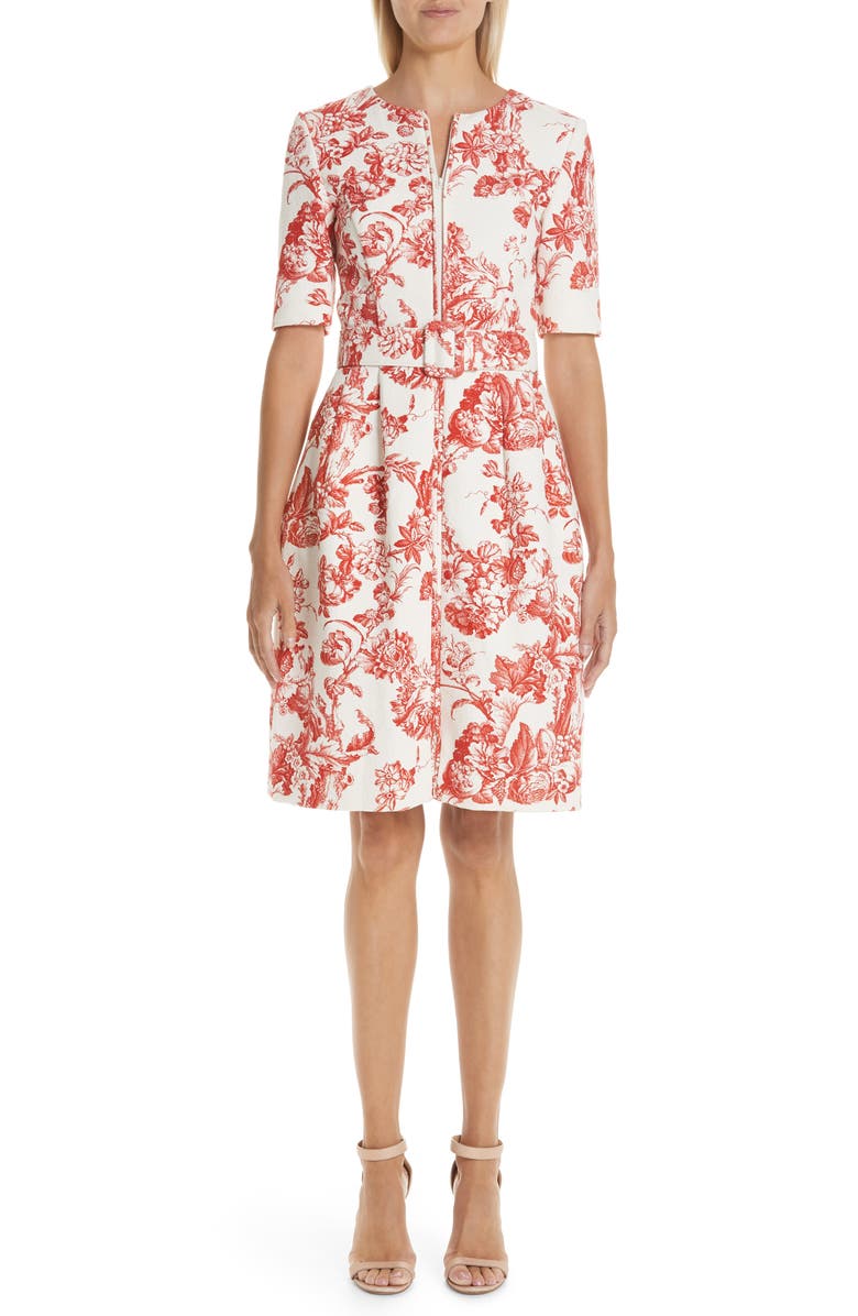 Oscar de la Renta Toile Print Belted Zip Front Dress, Main, color, 