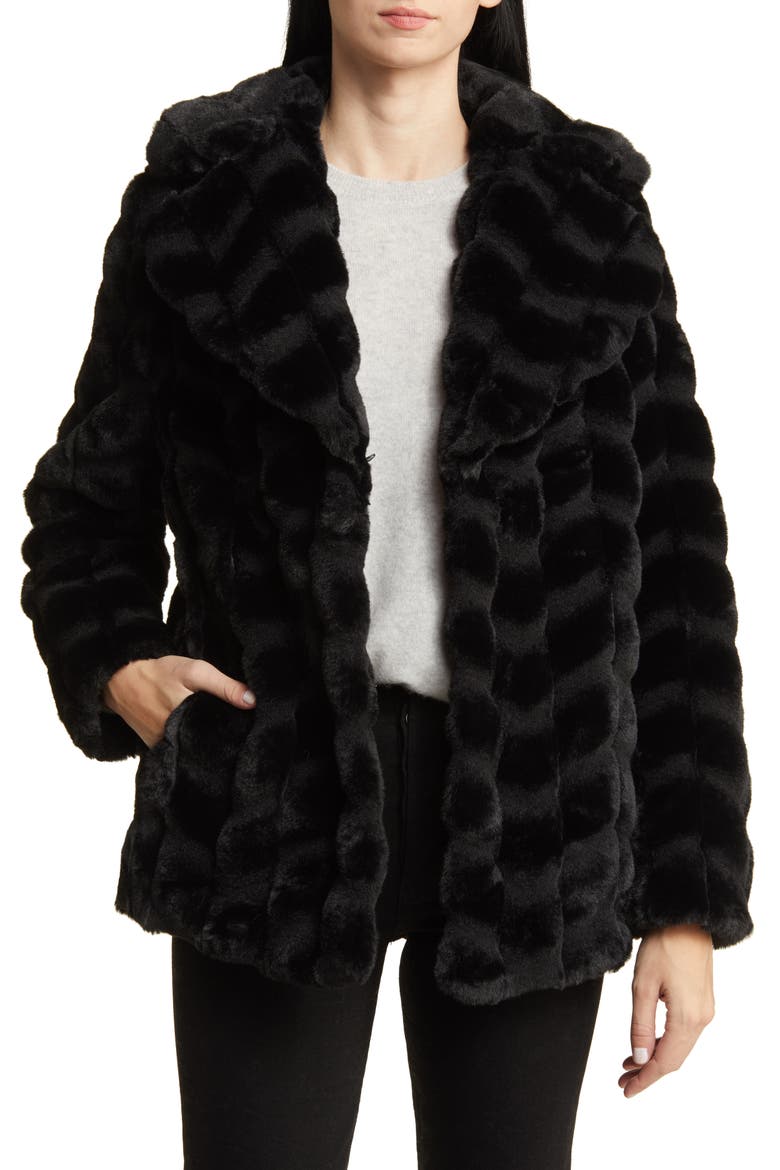 Grooved Herringbone Faux Fur Jacket, Alternate, color, BLACK