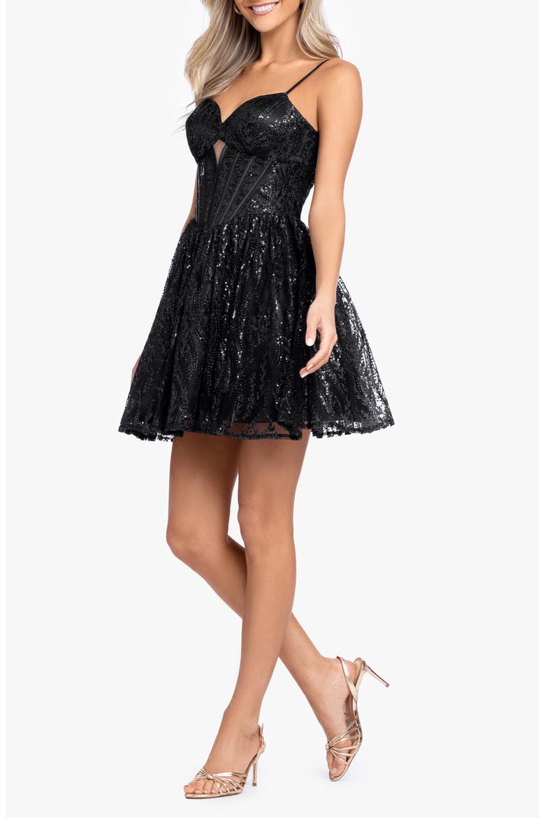 Sequin Embellished Satin Binding Fit & Flare Cocktail Minidress, Alternate, color, BLACK