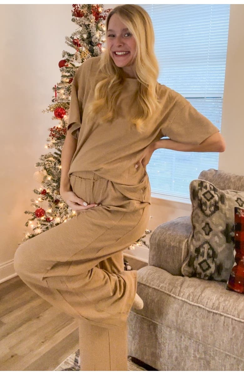 PinkBlush Textured Knit Oversized Tee And Pants Set, Alternate, color, Taupe