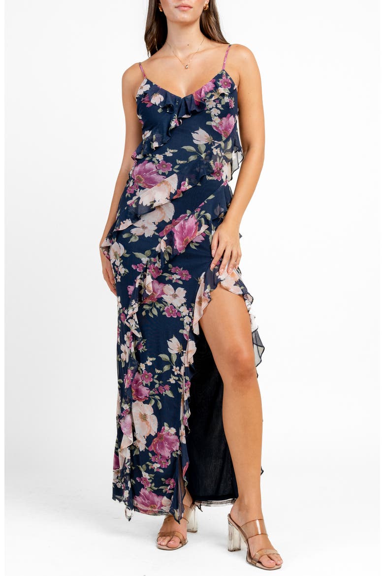 Cascade Ruffle Maxi Dress, Main, color, NAVY