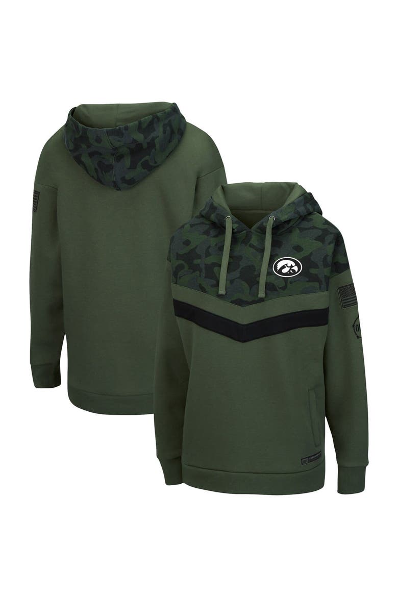 Women's Colosseum Olive/Camo Iowa Hawkeyes OHT Military Appreciation Extraction Chevron Pullover Hoodie, Main, color, Olive