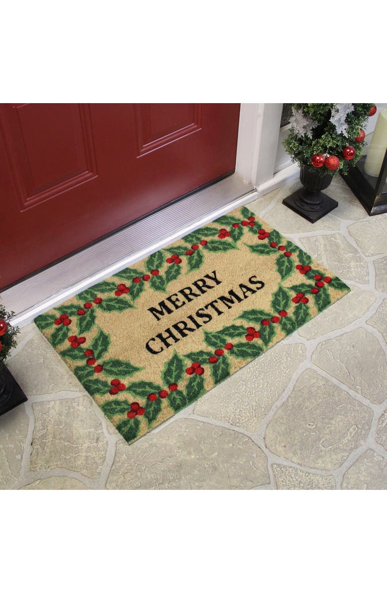 Northlight Natural Coir Holly Berries "Merry Christmas"  Doormat 18" x 30", Alternate, color, Red