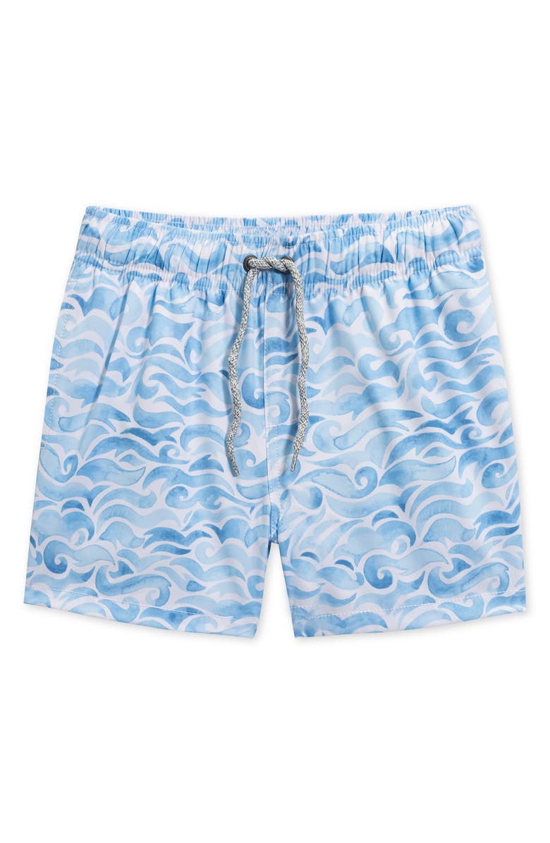 Vintage Summer Kids' Wave Print Swim Trunks, Main, color, White/Blue