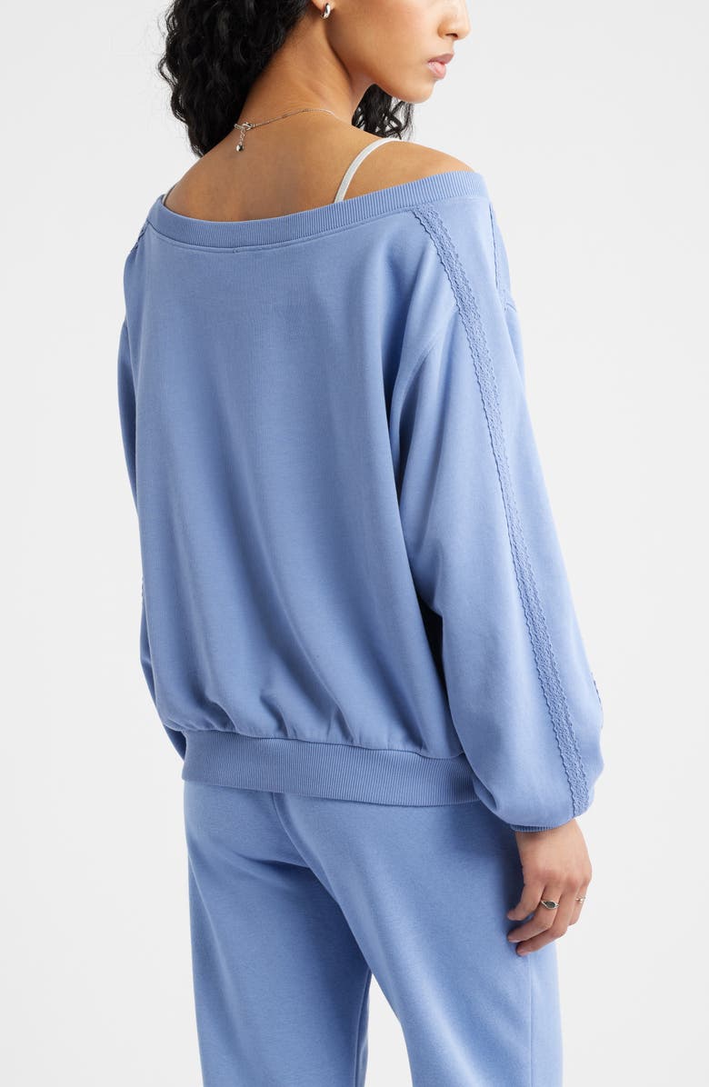 BP. Lace Trim Off the Shoulder Cotton Blend Sweatshirt, Alternate, color, Blue Frost