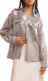 Free People Disco Margarita Sheer Sequin Button-Up Shirt