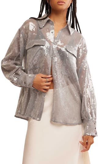 Free People Disco Margarita Sheer Sequin Button-up Shirt In Rocket