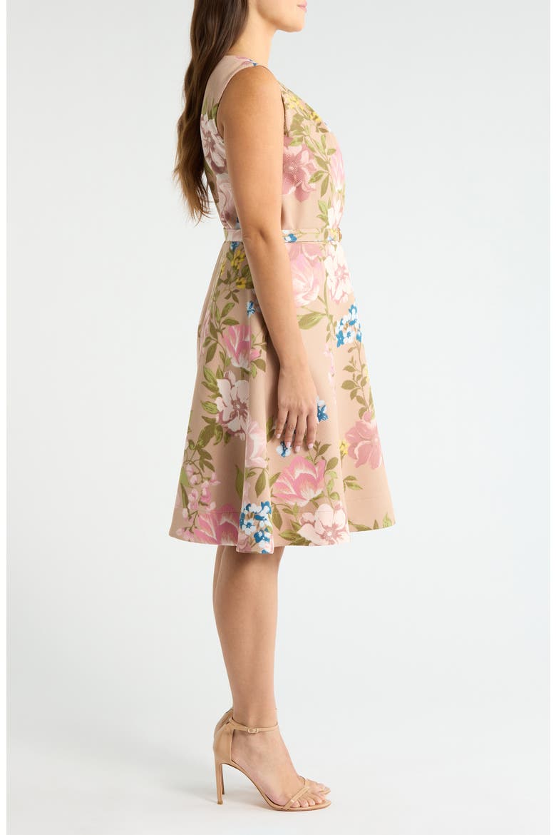 Floral Belted Pleat Neck Dress, Alternate, color, BLUSH TOAST