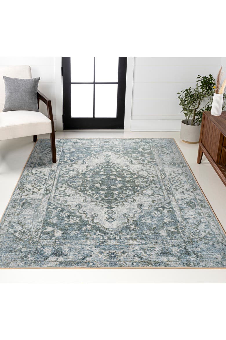 Pavel Distressed Medallion Low-Pile Machine-Washable Area Rug, Alternate, color, Light Gray/Blue