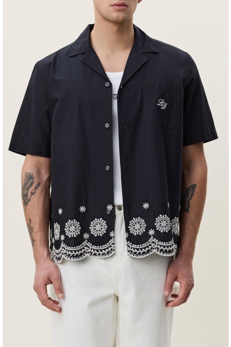 Lace Embroidered Organic Cotton Camp Shirt, Main, color, TAP SHOE BLACK