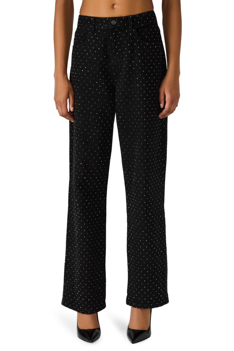 Avaline Crystal Embellished High Waist Relaxed Straight Leg Jeans, Main, color, BLACK