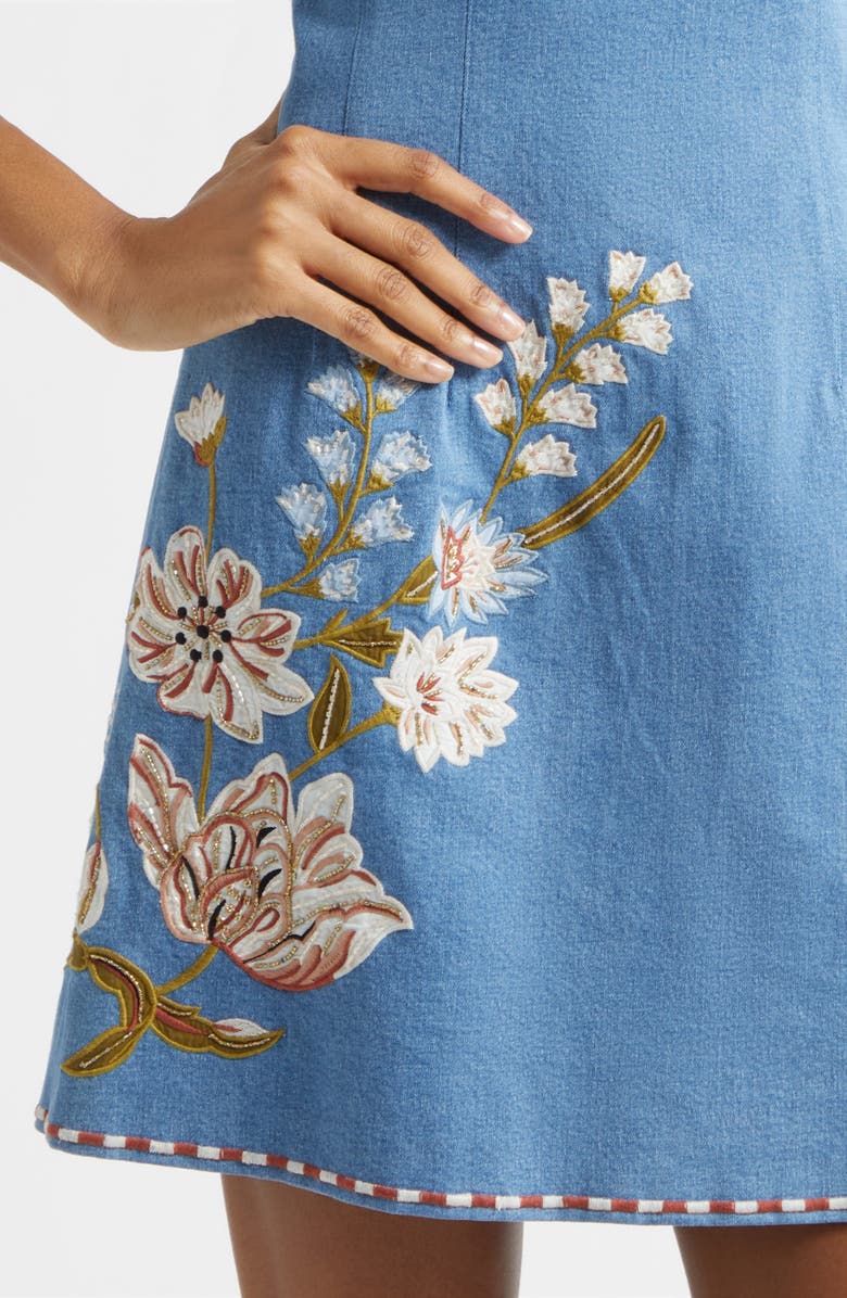 Veronica Beard Chester Floral Embroidered Denim Minidress, Alternate, color, Sea Glare