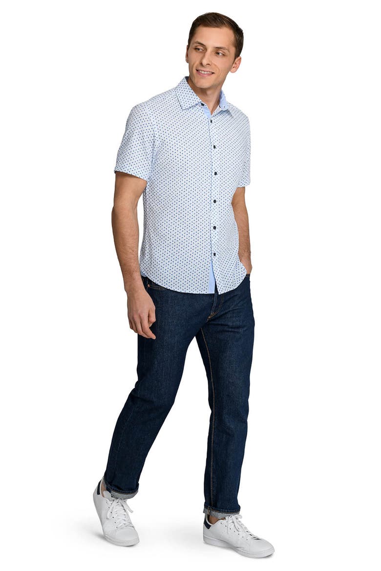 Slim Fit Falling Feathers Seersucker Short Sleeve Shirt, Alternate, color, WHITE/BLUE