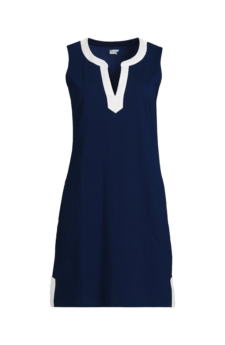 Lands' End Cotton Jersey Notch Neck Dress with Soutache, Alternate, color, Deep Sea Navy/White