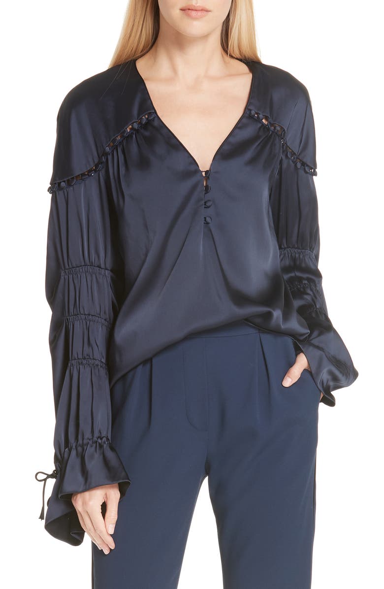 Simkhai Jonathan Simkhai Gathered Sleeve Satin Blouse, Main, color,