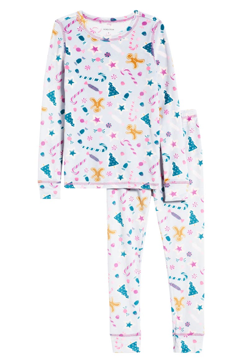 Kids' Print Fitted Fleece Two-Piece Pajama Set, Main, color, PURPLE HOLIDAY TREATS