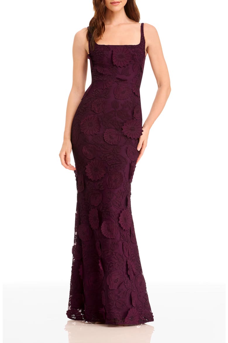 Lorena Floral Appliqué Mermaid Gown, Main, color, DARK CHERRY