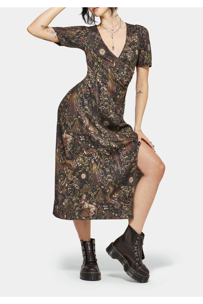 Haunt Medieval Print Wrap Midi Dress, Alternate, color, Brown
