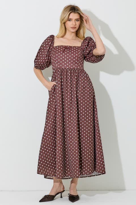 Polka Dot Square Neck Midi Dress