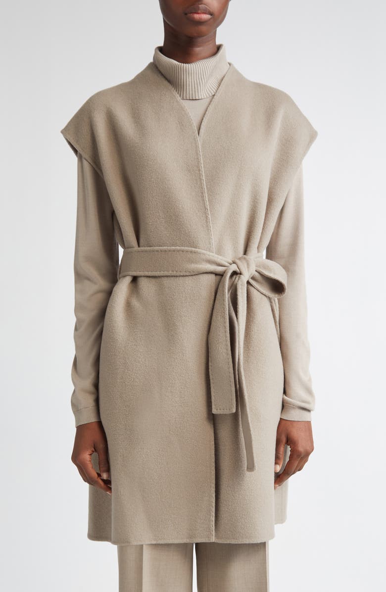 Lafayette 148 New York Belted Double Face Wool & Cashmere Open Front Vest, Main, color, Hickory