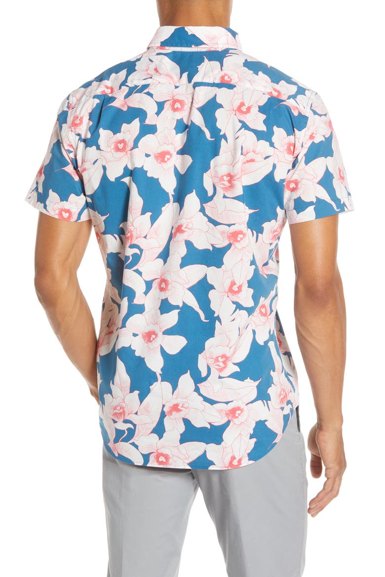 Slim Fit Floral Short Sleeve Button-Down Shirt, Alternate, color, CYANOTYPE FLORAL - STRAWBERRY
