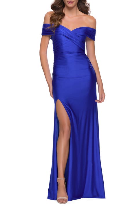Off the Shoulder Chic Jersey Gown with Ruching