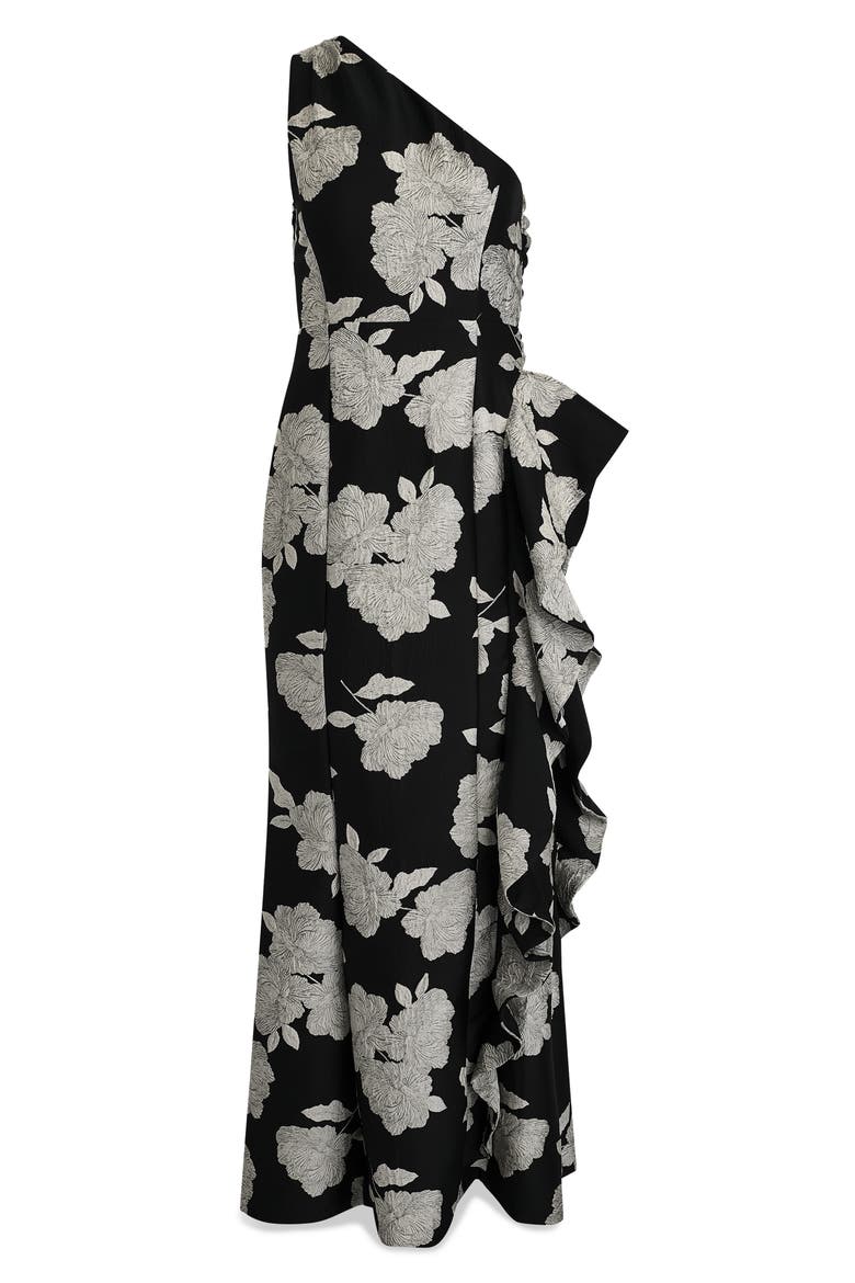 Floral Embroidery One-Shoulder Gown, Alternate, color, BLACK CREAM