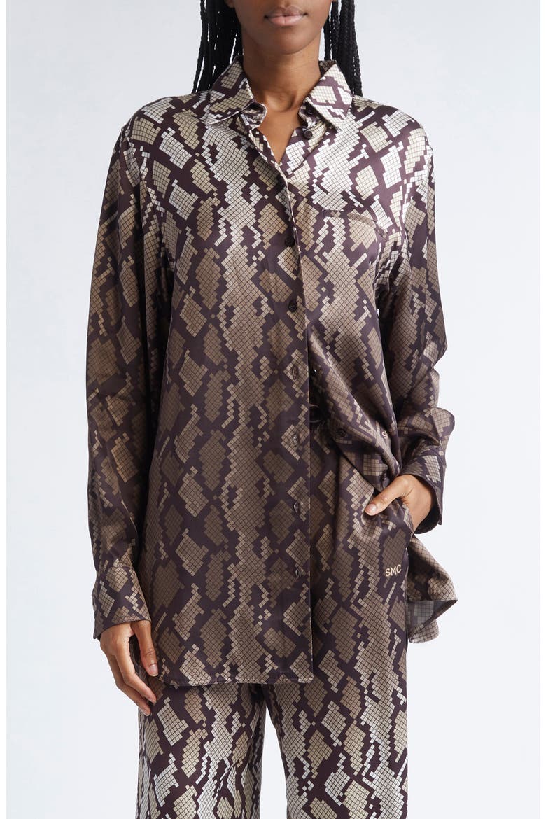 Snakeskin Print Satin Button-Up Shirt, Main, color, NATURAL