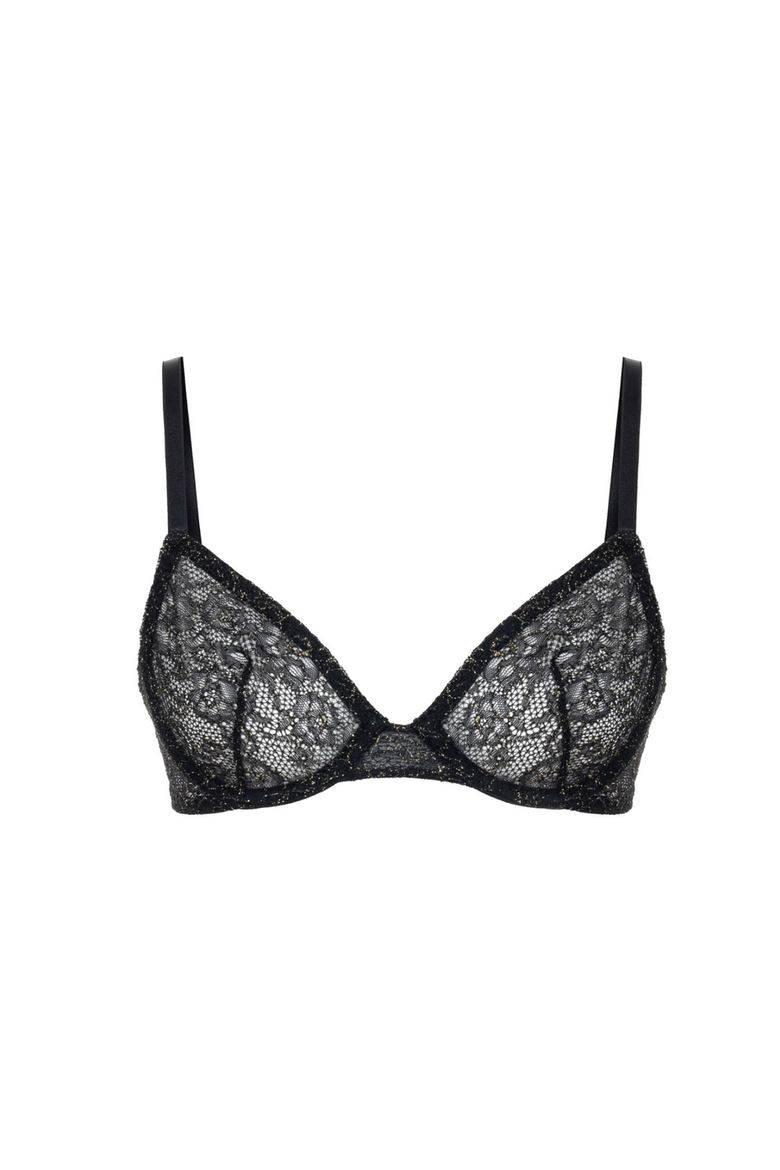 Shiny Shimmery Lace Balconette Bra Underwire Unlined Luxury Support, Alternate, color, Black