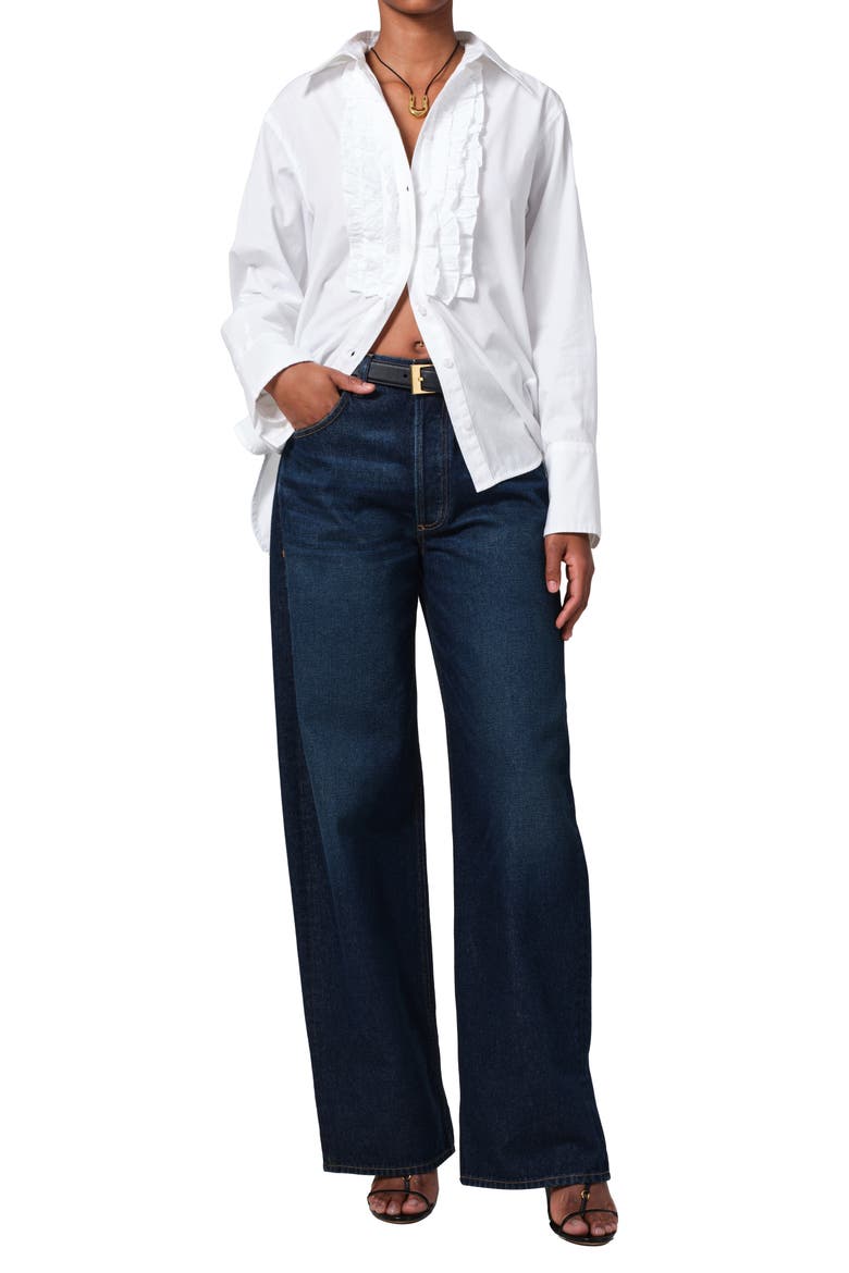 Ruffle Relaxed Fit Cotton Button-Up Shirt, Alternate, color, WHITE