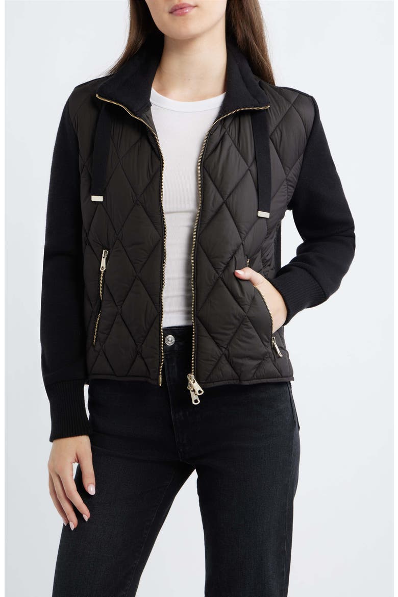 Mixed Media Quilt Front Sweater Jacket, Main, color, BLACK