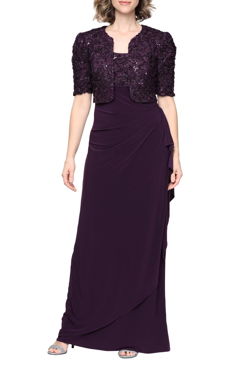 Sequin Soutache Bodice Empire Waist Chiffon Gown with Bolero Jacket, Main, color, DEEP PLUM