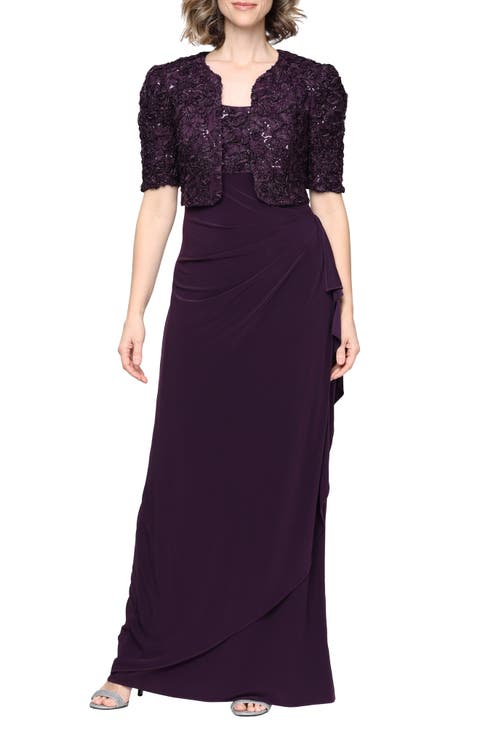 Sequin Soutache Bodice Empire Waist Chiffon Gown with Bolero Jacket