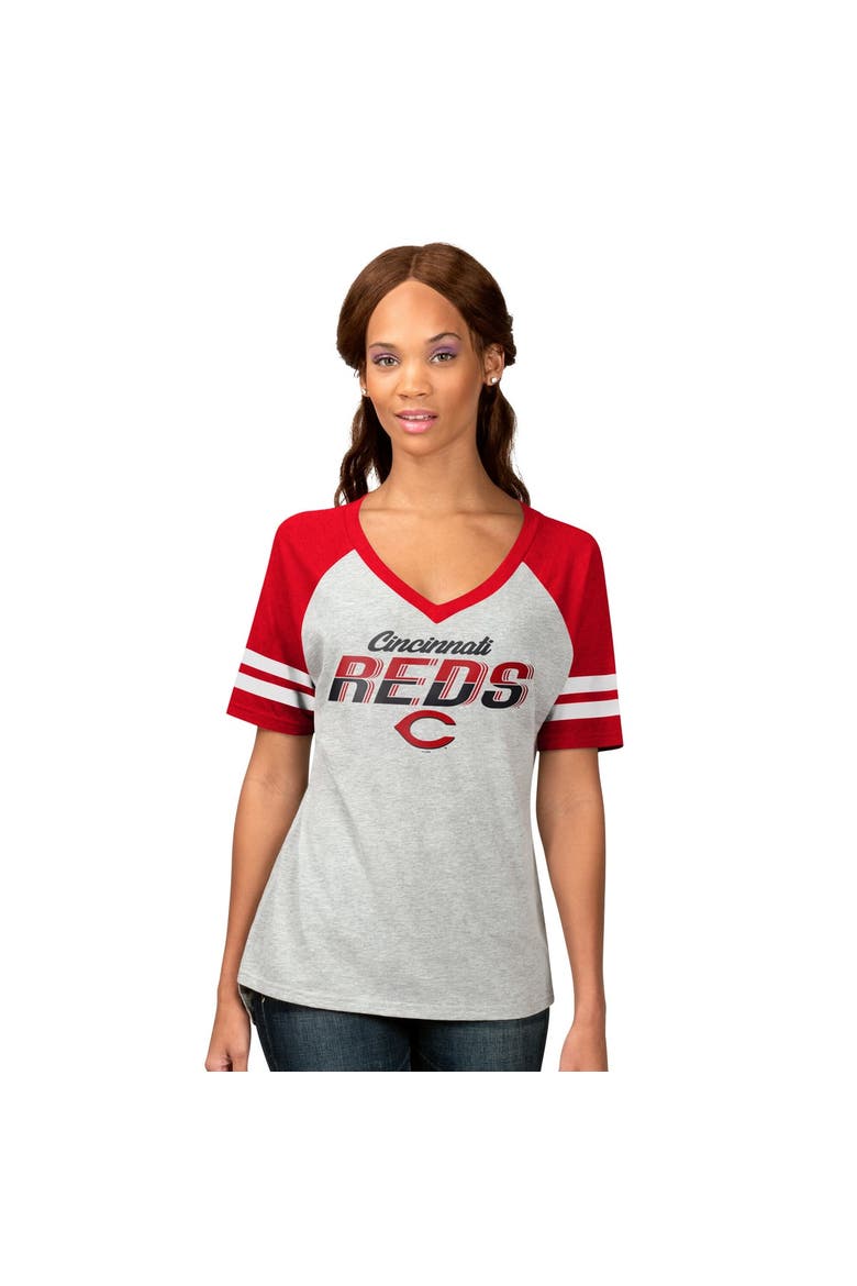 Women's G-III 4Her by Carl Banks Heather Gray Cincinnati Reds Goal Line Raglan V-Neck T-Shirt, Main, color, Heather Gray