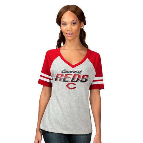 Women's G-III 4Her by Carl Banks Heather Gray Cincinnati Reds Goal Line Raglan V-Neck T-Shirt