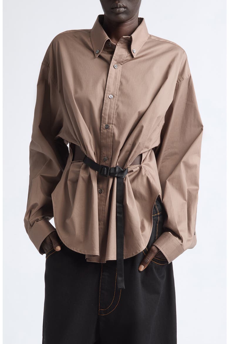 Belted Cotton Button-Down Shirt, Main, color, TAUPE