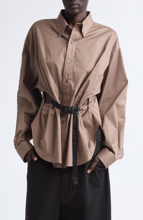 Belted Cotton Button-Down Shirt