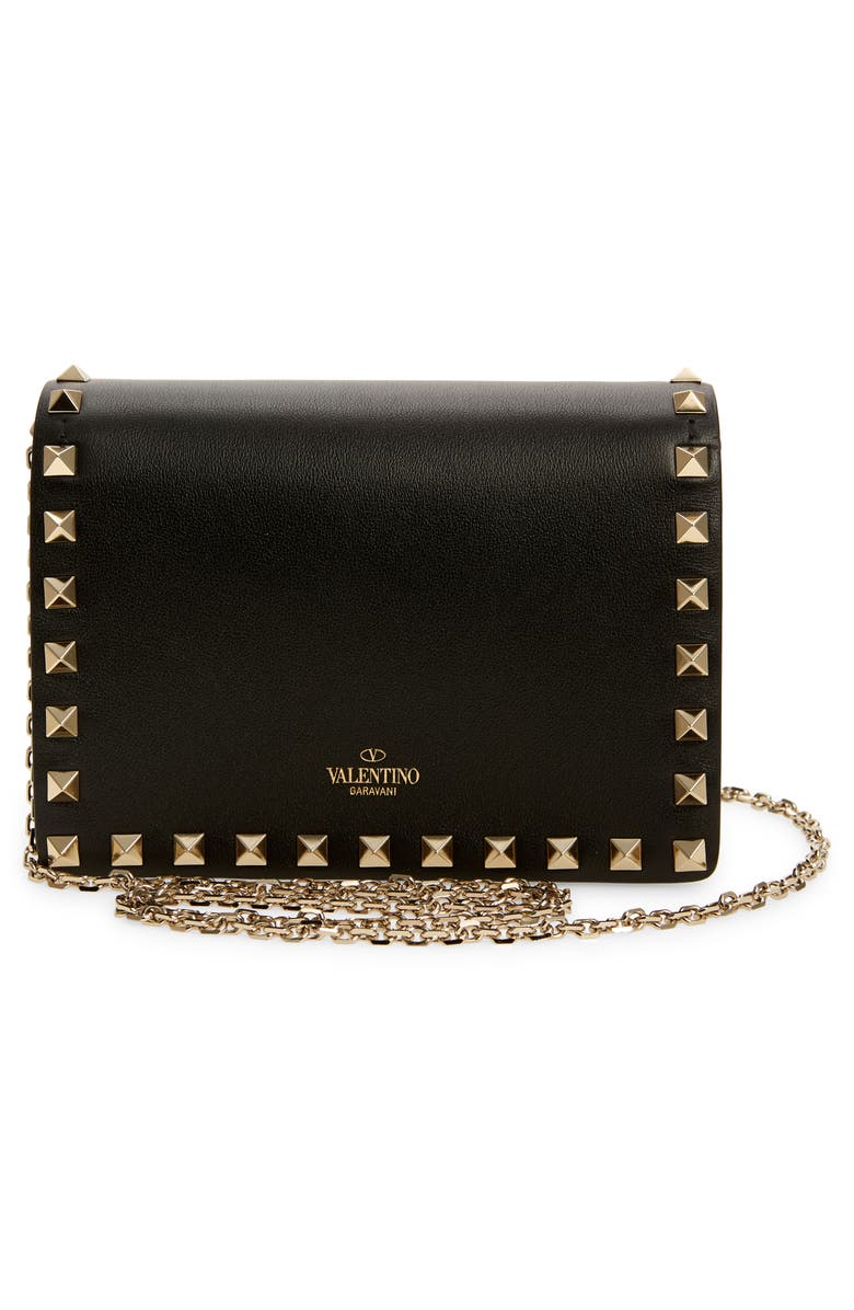 Valentino Garavani Rockstud Leather Wallet on a Chain, Alternate, color, 