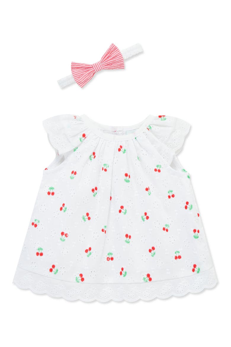 Cherry Eyelet Cotton Top, Shorts & Headband Set, Alternate, color, PINK