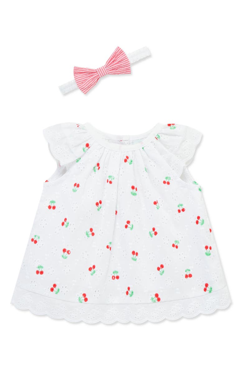 Little Me Cherry Eyelet Cotton Top, Shorts & Headband Set, Alternate, color, Pink