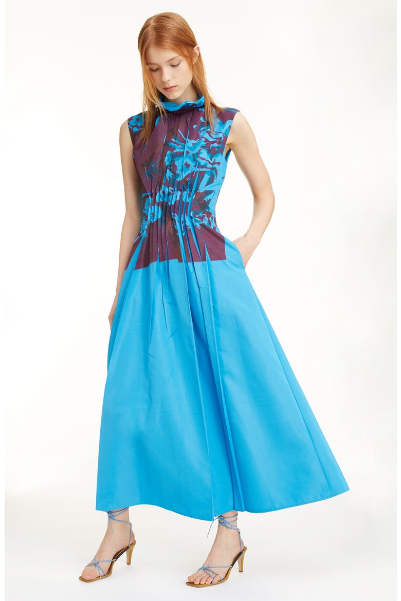 Floral Print Ruffle Collar Pleated Dress, Alternate, color, AZURE
