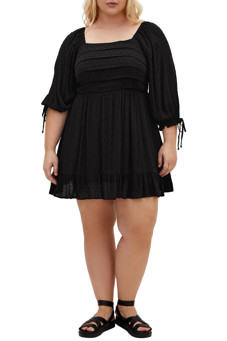 Arden Pleated Clip Dot Minidress, Main, color, BLACK