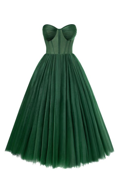 Emerald Green Strapless Puffy Midi Tulle Dress