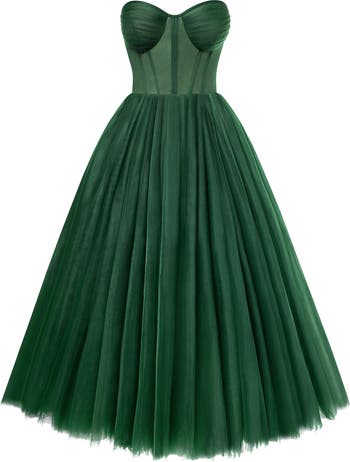 Emerald Green Strapless Puffy Midi Tulle Dress