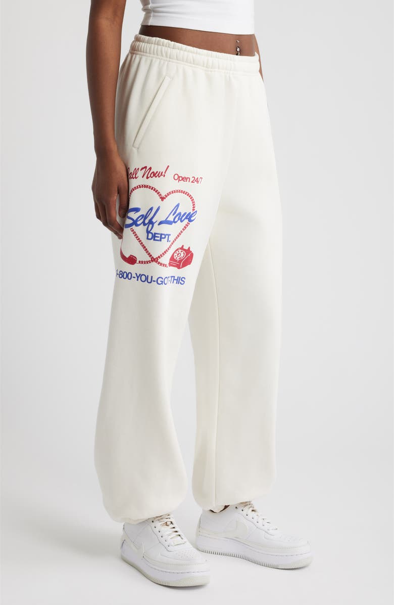 THE MAYFAIR GROUP Self Love Club Oversize Fleece Graphic Sweatpants, Alternate, color, Cream