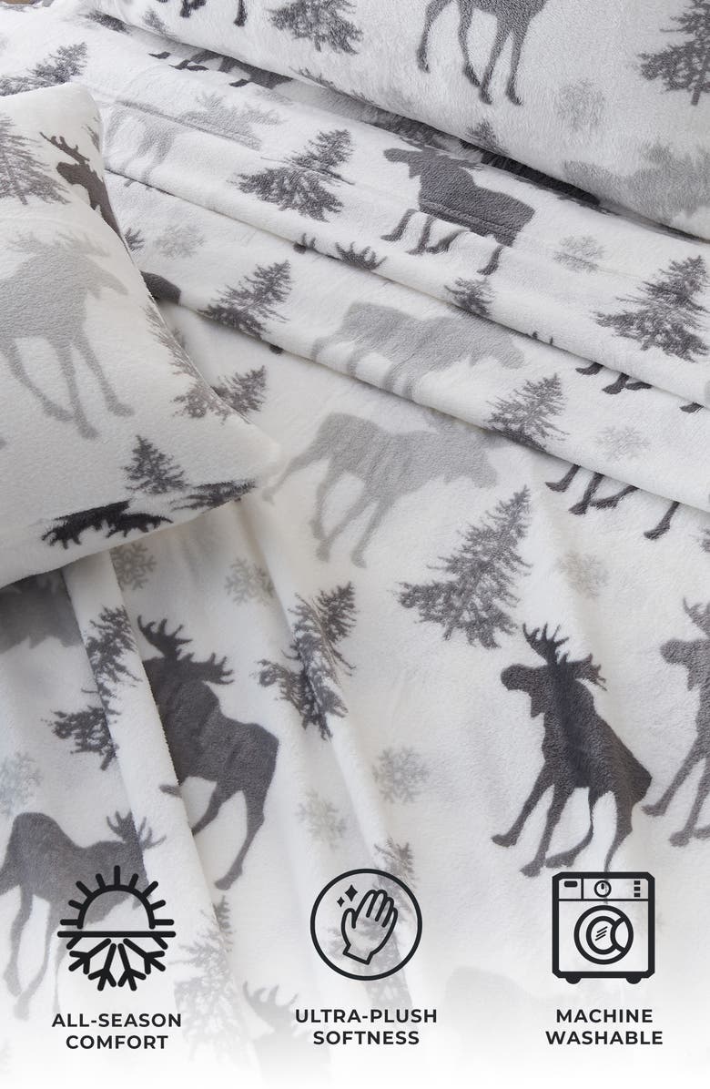 Woven & Weft Printed Plush Velour Sheet Set, Alternate, color, Moose